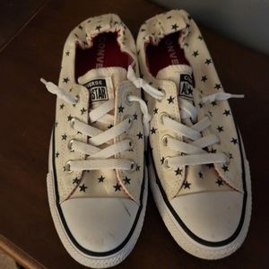 CONVERSE All Star White with Navy Stars Cinched Back  Sneakers. Womens Size 8.5